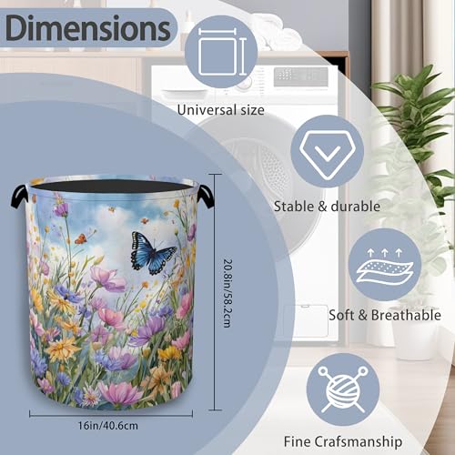 Wildflowers Butterfly Laundry Basket,Floral Garden Oxford Cloth Laundry Hamper with Handle Foldable Portable Clothes Storage Basket for Bathroom Bedroom Dorm Room 16" x 20.8" - color: Wildflowers Butterfly Floral Garden