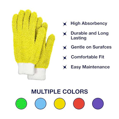 Microfiber Dusting Gloves for House Cleaning and Glass Cleaning Mitts - Microfiber Gloves for Plant Dusting, Car Cleaning - Reusable, Washable, No-Scratch, One Size Fits All (Yellow, 2 Pairs)