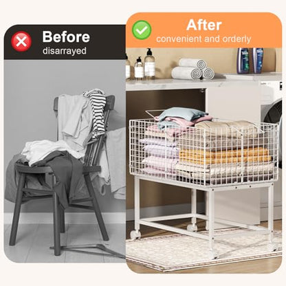 Large Rolling Laundry Basket Cart,Wire Laundry Hamper Cart with Handle and Wheels,White High Laundry Hamper for Laundry Room,Bedroom and Bathroom-120L White (29.5"L*19.7"W*27.95"H inch) - color: White, size: 29.5*19.7*27.95inch