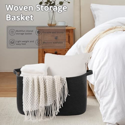 OIASKET 70L Large Blanket Basket, 21.6" x 16.9" x 11.8" Woven Basket - color: Black, size: 21.6"x16.9"x11.8"