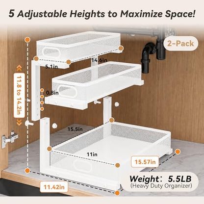 3-Tier Under Sink Organizer 2-Pack Organization for Bathroom Kitchen,White - color: White