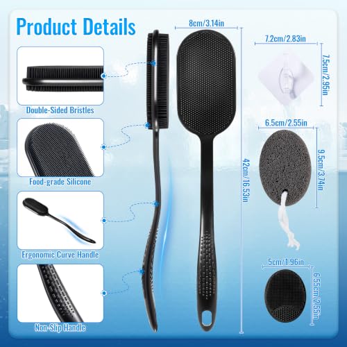 Silicone Back Scrubber for Shower, Bath Brush with Long Handle - color: Black