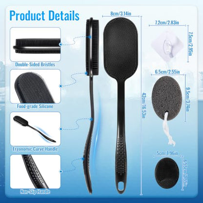 Silicone Back Scrubber for Shower, Bath Brush with Long Handle - color: Black