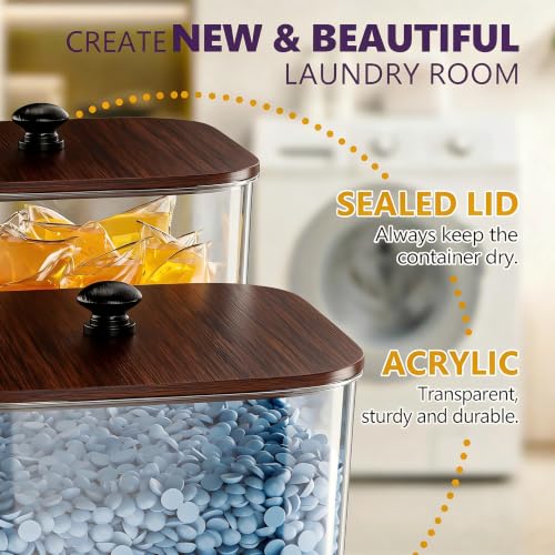 3+1 Pack Brown Laundry Pods Container, Clear Laundry Room Organization Containers Essentials, Large Detergent Powder Storage Containers Wooden Lids & Labels Signs - color: Brown, size: 3+1 pack