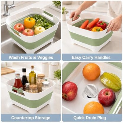 Collapsible Dish Basin with Drain Plug, 2.4 Gal 9L Foldable Wash Basin, Portable Sink Tub for Kitchen, Baby Bottles, Camping, RV, Vegetable Washing and Beverage Tub, Green - color: Green
