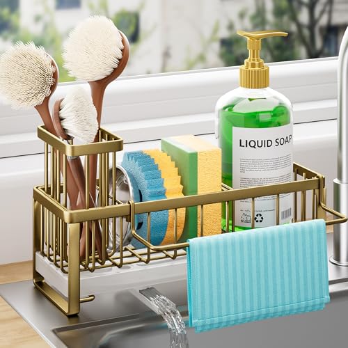 HapiRm Sponge Holder for Kitchen Sink - Self-draining Sink Caddy with Brush and Dishcloth Holders, Stainless Steel Kitchen Countertop Organizers and Storage Essentials - Dark Gold - color: Dark Gold, size: with Dishcloth Holder