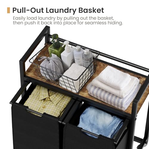 SwaaVee Laundry Sorter, Laundry Hamper with Wooden Top Shelf, 2×14.5Gal(110L), Metal Frame laundry basket with wheels, Pull out and Removable Laundry Bags, 2 Bags-Black - color: Black