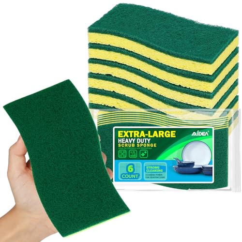AIDEA XL Scrub Sponges Kitchen 6Count, Heavy Duty Sponges for Dishes - color: Green-extra Large