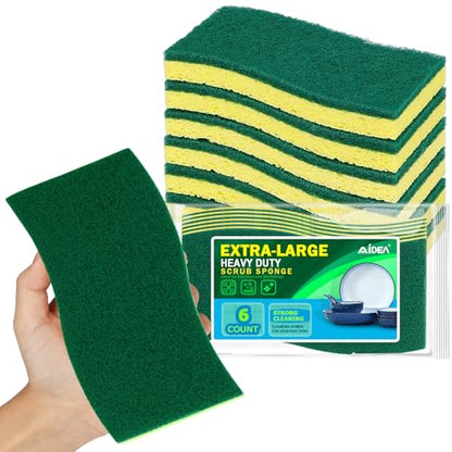 AIDEA XL Scrub Sponges Kitchen 6Count, Heavy Duty Sponges for Dishes - color: Green-extra Large