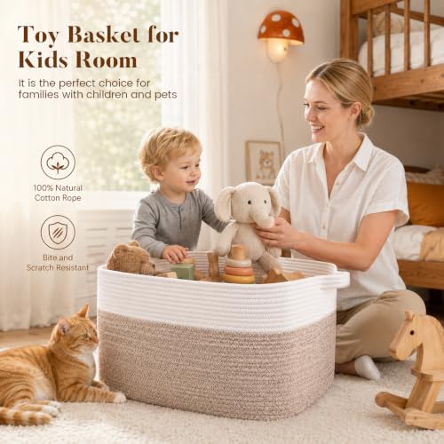 65L Large Woven Blanket Basket for Living Room, 19.7"x15.7"x11.8" - color: Brown & White, size: 19.7"x15.7"x11.8"