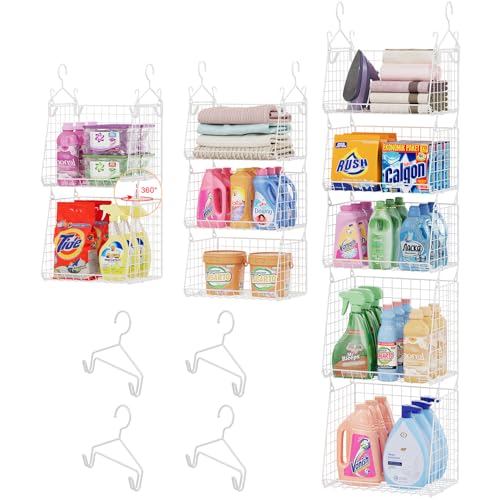 Sonyabecca 5-Tier Hanging Laundry Basket Organizer: Foldable Wire Shelf Basket with 4 Large Hooks 1.65" & 360°Rotating Hooks – Space-Saving Laundry Room Organization for Wardrobe Closet, White Patent - color: White, size: 5-Pack-11"D x 13.7"W x 60"H