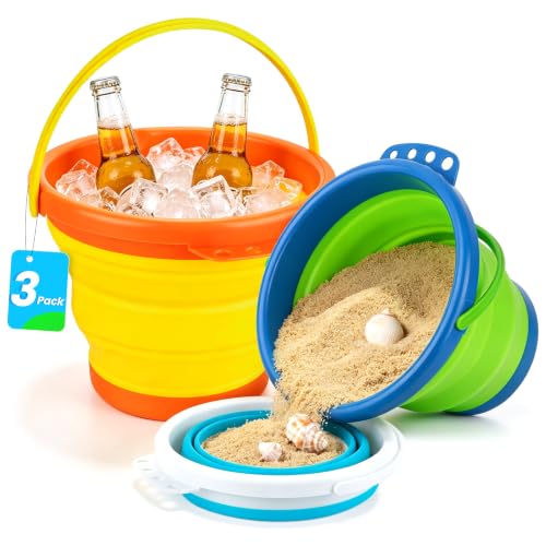 3L Foldable Sand Buckets Beach Kit, 3Pack Collapsible Mini Bucket for Washing Camping Feeding Fishing, Small Plastic Pail for Storage Travel, Folding Bucket Summer Beach Gift for Pool Party Boy Girl