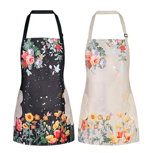 DILLMAN 2 Pack Floral Aprons with Pocket Blooming Womens Waterproof Adjustable Cooking Aprons Kitchen Gardening Salon - color: 2pack #a