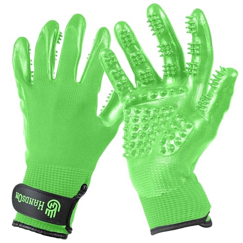H HANDSON Pet Shedding, Bathing, Grooming, Hair Removing Gloves, Gentle Brush for Cats, Dogs, Horses by the #1 Ranked, Award-Winning Handson Gloves (Green, Large) - color: Green, size: Large (1 Pair)