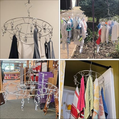 6 Pack 13 inch Round Stainless Steel Drying Rack with 20 Clips, Swivel Sock Drying Rack with Windproof Clips, Stainless Steel Clothes Hanger for Bras, Clothes, Sock & Underwear Towels - size: 6 Pack