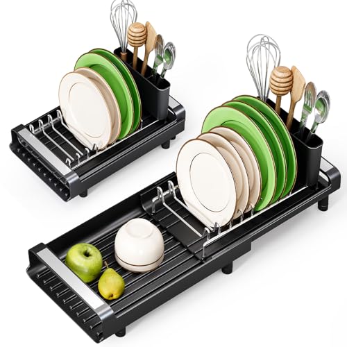 TOOLF Small Dish Drying Rack, Expandable and Space-Saving, Matte Black - color: Matte Black