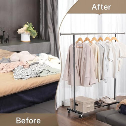 VICERII Clothes Rack, 130LB Capacity Heavy Duty Clothing Rack with Wheels and Bottom Shelf, 52.17 Inch Rolling Racks for Hanging Clothes, Coats, Shirts, Sweaters, Skirts, Dress, Black - color: Matte Black, size: Single