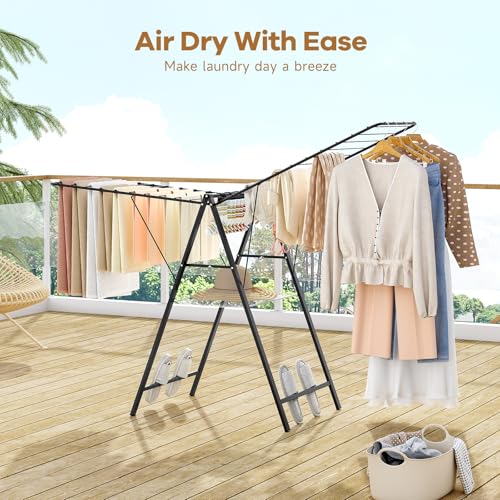 APEXCHASER 6 Height Adjustable Clothes Drying Rack with Shoe Slots, Black - color: Black