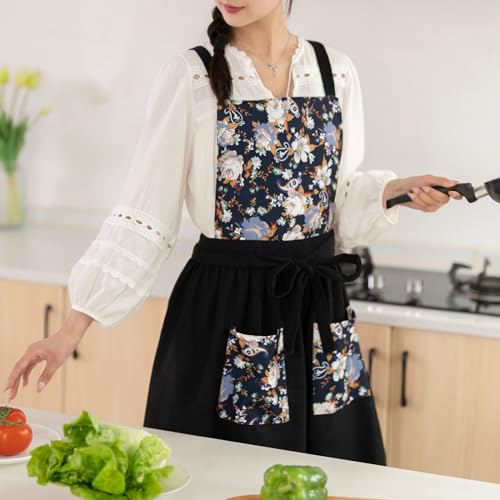 Pinknoke Vintage Pinafore Aprons for Women with Pockets for Kitchen - color: Black