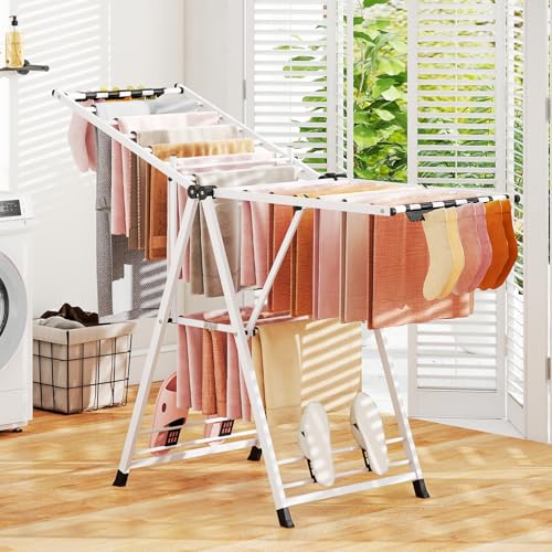 GIANTEX Foldable Metal Clothes Drying Rack, 64" Height Adjustable Wings - color: White, size: 64"L x 39"-62"H