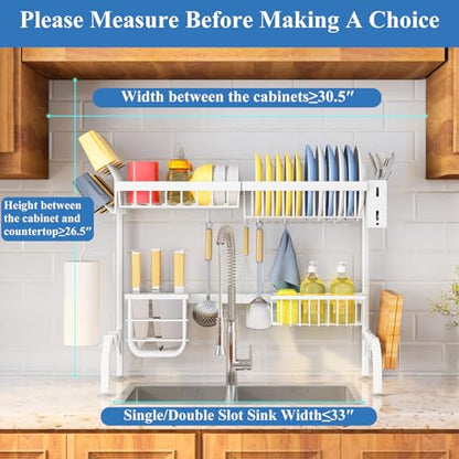 Over The Sink Dish Drying Rack, Adjustable (25.5 to 36.5 inch) 2 Tier Metal Steel Dish Drying Racks for Kitchen Counter with Hooks Paper Towel Utensil Cup Holder Sink Caddy (White) - color: White