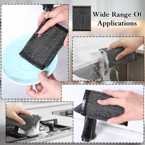 6 Pack Steel Wool Scrubber Sponges, Heavy Duty Stainless Steel Scouring Pads Reusable Non Scratch Metal Sponges Hand-Friendly Kitchen Cleaning Tool for Pots and Pans Tough Grease & Grime (Black) - color: Black