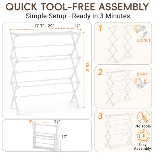Foldable Clothes Drying Rack, Reinforced Joints, White - color: White, size: 29"W x 12"D x 35.5"H
