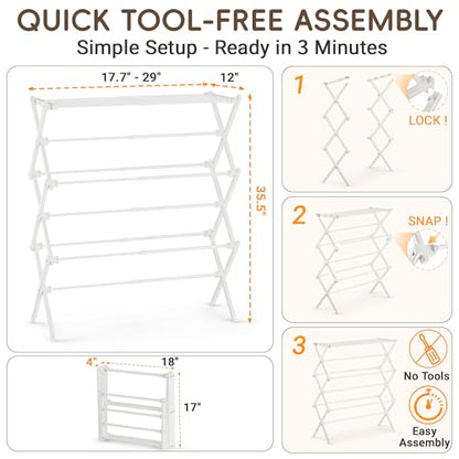 Foldable Clothes Drying Rack, Reinforced Joints, White - color: White, size: 29"W x 12"D x 35.5"H