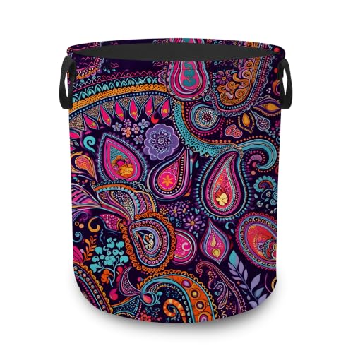 Purple Boho Paisley Portable Laundry Hamper,Colorful Floral Collapsible Clothes Basket with Handles,Waterproof Oxford Cloth Organizer for Dorm Bedroom Bathroom Nursery,16 x 20 Inch - color: Purple Boho Paisley,Colorful Floral