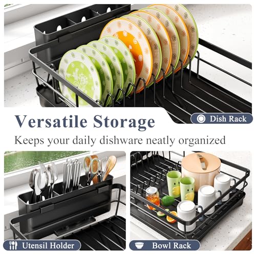 SAYZH Dish Drying Rack for Kitchen Counter with Utensil Holder, Black - color: Black