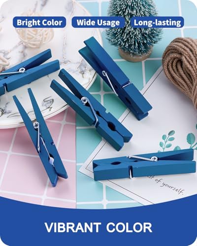 Blue Clothes Pins, Colored Wooden Clothespins for Baby Shower Game, Wreath, Crafts, Strong Grip Close Pins Birchwood Clips Clothespin Clothing Pegs for Hanging Clothing Photos, 2.83 Inch, Pack of 50 - color: Navy Blue