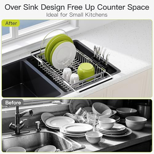 JASIWAY Expandable Dish Drying Rack Over the Sink with Utensil Holder - color: Silver, size: For 12.5"-30"w Sink, Expandable