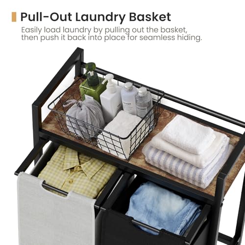 SwaaVee Laundry Sorter, Laundry Hamper with Wooden Top Shelf, 2×14.5Gal(110L), Metal Frame laundry basket with wheels, Pull out and Removable Laundry Bags, 2 Bags-Black Grey - color: Black-Grey