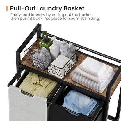 SwaaVee Laundry Sorter, Laundry Hamper with Wooden Top Shelf, 2×14.5Gal(110L), Metal Frame laundry basket with wheels, Pull out and Removable Laundry Bags, 2 Bags-Black Grey - color: Black-Grey