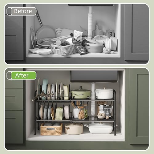 NETEL Expandable Under Sink Organizer，Pot and pan Organizer Under Cabinet - size: Multi-functional with 2 pot holders