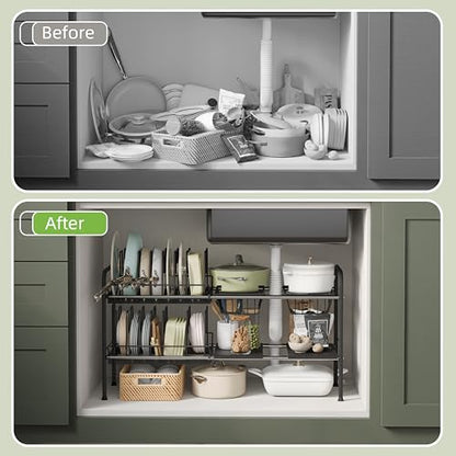 NETEL Expandable Under Sink Organizer，Pot and pan Organizer Under Cabinet - size: Multi-functional with 2 pot holders