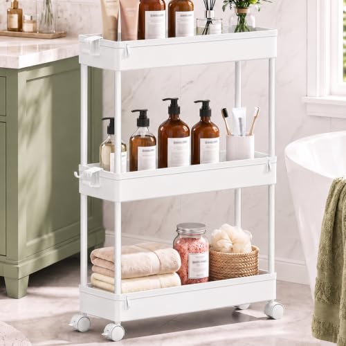 SPACEKEEPER Slim Rolling Storage Cart, 3 Tier Bathroom Cart Organizer,White - color: White