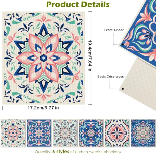 6 Pcs Swedish Paper Cloths for Kitchen, Reusable Paper Towels Washable - color: Pink Six-petal Floral