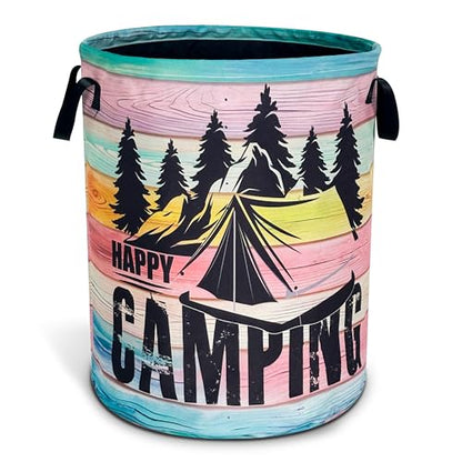 Happy Camping Laundry Basket Mountains Forest Oxford Cloth Laundry Hamper - color: Happy Camping