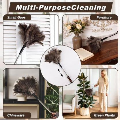 Extendable Ostrich Feather Duster 26-55 Inch, Natural Cleaning Duster with Sponge Grip and Stainless Steel Extension Pole Reusable for High Ceilings, Fans, Blinds, Furniture, Interior & Roof Dusting. - size: 21-55 Inch