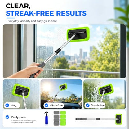 XINDELL Interior Windshield Cleaner Tool – Car Window Cleaning Tool 22inch Extendable Long Handle for Easy Cleaning, 9pcs Reusable Microfiber Pads, Streak-Free Interior & Exterior Auto Glass Cleaner - size: 22in
