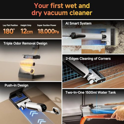 uwant Wet Dry Vacuum Cleaner 180°Lay-Flat Push-in Vacuum Mop All in One with 18000Pa Suction Auto Self-Cleaning Anti Odor Stick Dual-Edge Vacuum Cleaner Set of 1 for Hard Floor/Carpet D100