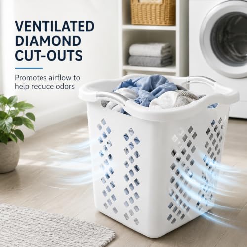 Laundry Basket 2 Bushel Plastic with Handles White for Bedroom Dorm - color: White
