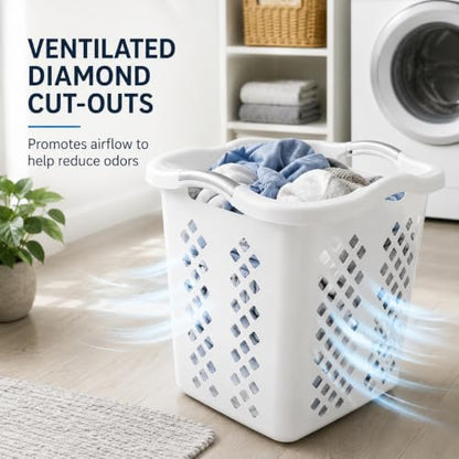 Laundry Basket 2 Bushel Plastic with Handles White for Bedroom Dorm - color: White