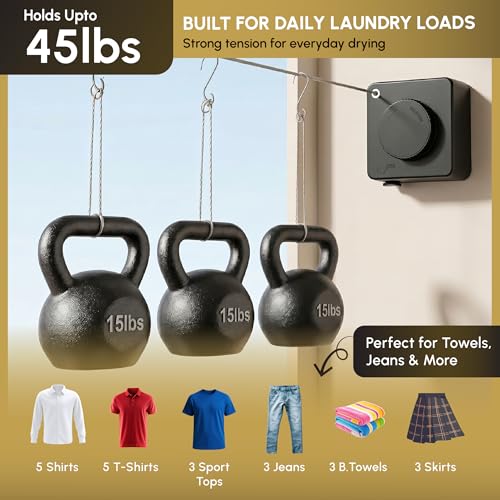 Retractable Clothesline Indoor, Wall Mounted, Black - color: Black