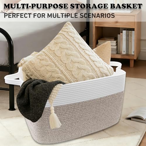 65L Laundry Basket with Handles, Woven Blanket Basket, White/Brown - color: White & Brown, size: 65L