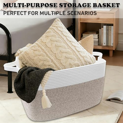 65L Laundry Basket with Handles, Woven Blanket Basket, White/Brown - color: White & Brown, size: 65L