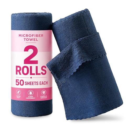 Jessy Home 2 Roll Reusable Paper Towels,100 Sheets Tear Away Microfiber Cleaning Cloth, Lint Free Cleaning Rags for Kitchen, Dishcloth,Household Cleaning Supplies - color: Navy Blue