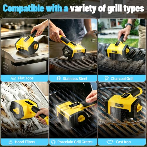 Electric Grill Brush,2-Speed Rechargeable BBQ Grill Cleaner, up to 160 min Runtime, 304 Stainless Steel Brush, LED Light, 2 Brush Heads Included, Most Outdoor Grill Grates - color: Yellow