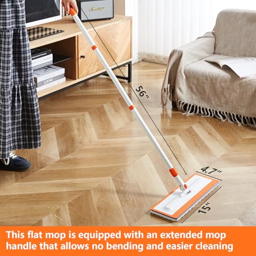 Magic Sponge Eraser Mop,56" Handle,15" Flat Head, 2 Microfiber,3 Sponge Pad